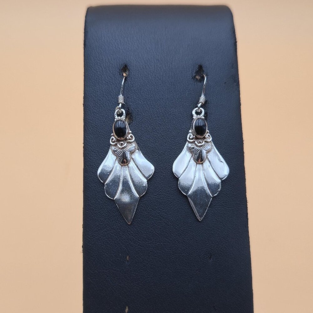 Sterling Silver Floral Black Enamel Dangle Earrings A5634 - Picture 1 of 6